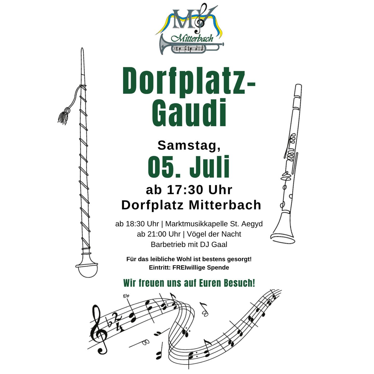 🍻 DORFPLATZ-GAUDI 🍻
•
•
•
Am Samstag, den 𝟎𝟓. 𝐉𝐮𝐥𝐢 𝟐𝟎𝟐𝟓, findet unsere Dorfplatz-Gaudi statt 🎶🎺🎸🎷
- Festbeginn ist um 𝟏𝟕:𝟑𝟎 𝐔𝐡𝐫 🎉
- Ab 𝟏𝟖:𝟑𝟎 𝐔𝐡𝐫 gibt die @musikkapelle_st.aegyd ihr Bestes 🎶
- ab ca. 𝟐𝟏:𝟎𝟎 𝐔𝐡𝐫 kann das Tanzbein mit den „Vögeln der Nacht“ geschwungen werden 💃🏼
- im Anschluss öffnen wir unseren Barbetrieb, wo “𝐃𝐉 𝐆𝐚𝐚𝐥“ für Unterhaltung sorgt🪩
Für das leibliche Wohl ist bestens gesorgt! 🍻🍷🌭
Wir freuen uns auf Euren Besuch! 🤩
•
•
•
#mvmitterbach #musikvereinmitterbach #dorfplatzgaudi #mitterbach #vereinsleben #blosmusi #musifest