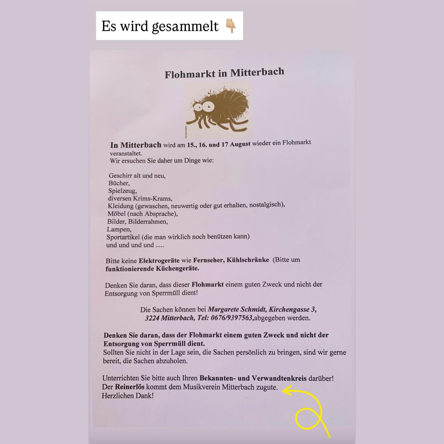 𝐄𝐒 𝐖𝐈𝐑𝐃 𝐆𝐄𝐒𝐀𝐌𝐌𝐄𝐋𝐓! 👇🏼
•
Am 15., 16., und 17. August findet in der Alten Gerberei in 𝐌𝐢𝐭𝐭𝐞𝐫𝐛𝐚𝐜𝐡 ein 𝐅𝐥𝐨𝐡𝐦𝐚𝐫𝐤𝐭 statt! 🤩
𝐄𝐬 𝐰𝐢𝐫𝐝 𝐠𝐞𝐬𝐮𝐜𝐡𝐭:
• Geschirr 🍽️
• Bücher 📚
• Spielzeug 🚗
• Möbel 🪑(nach Absprache)
• Bilder 🖼️
• Lampen💡
• Sportartikel 🏸
• div. Krims-Krams und vieles mehr...
𝐀𝐛𝐠𝐚𝐛𝐞 𝐛𝐞𝐢:
𝐌𝐚𝐠𝐚𝐫𝐞𝐭𝐞 𝐒𝐜𝐡𝐦𝐢𝐝𝐭
📍 Kirchengasse 3 | 3224 Mitterbach
☎️ 0676 93 97 563
Der Reinerlös kommt dem 𝐌𝐮𝐬𝐢𝐤𝐯𝐞𝐫𝐞𝐢𝐧 𝐌𝐢𝐭𝐭𝐞𝐫𝐛𝐚𝐜𝐡
zu Gute! 🎶🤩
Genauere Infos folgen! 👆🏼