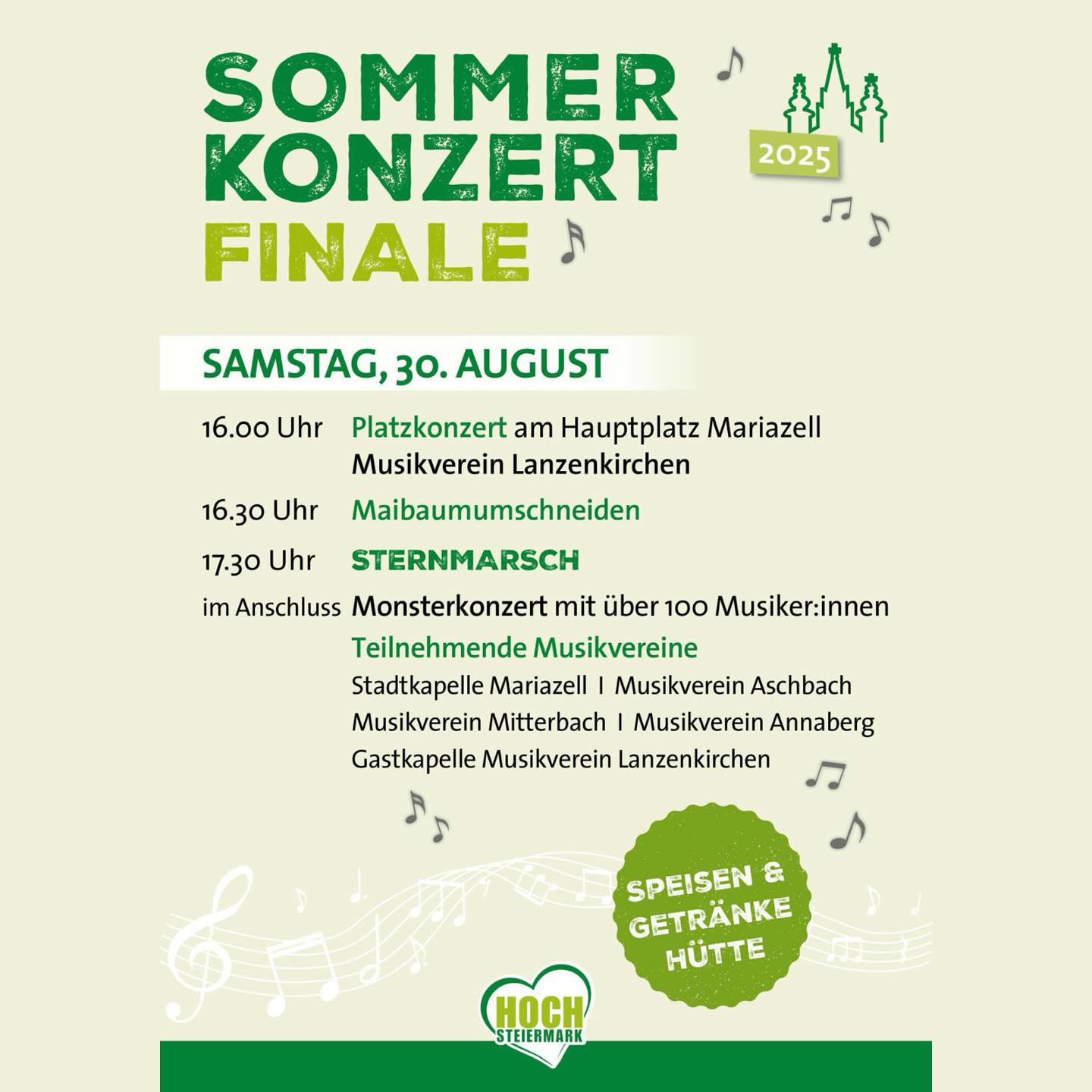 ⭐️ Sternmarsch & Abschluss der Sommerkonzerte 2025 ⭐️
•
•
•
Am Samstag, den 30. August, erwartet euch am Hauptplatz in Mariazell, der musikalische Abschluss des Sommers:
• 16:00 Uhr | Platzkonzert mit dem Musikverein Lanzenkirchen 🎺
• 16:30 Uhr | Maibaumumschneiden 🪚
• 17:30 Uhr | Sternmarsch
• im Anschluss | Monsterkonzert mit über 100 MusikerInnen! 🎶 🥁🎷
Zu hören sind:
• Musikverein Aschbach | @mvaschbach
• Stadtkapelle Mariazell | @stadtkapellemariazell
• Musikverein Annaberg
• Musikverein Lanzenkirchen als Gastkapelle | @mvlanzenkirchen
• und wir, der Musikverein Mitterbach
Für das leibliche Wohl ist natürlich bestens gesorgt! 🍻🌭
Wir freuen uns, gemeinsam mit euch den Abschluss der Sommerkonzerte zu feiern! 💛🎶
•
•
•
#sommerkonzerte #abschlussdersommerkonzerte #tradition #mvmitterbach #blsmsk #blosmusi #visithochsteiermark