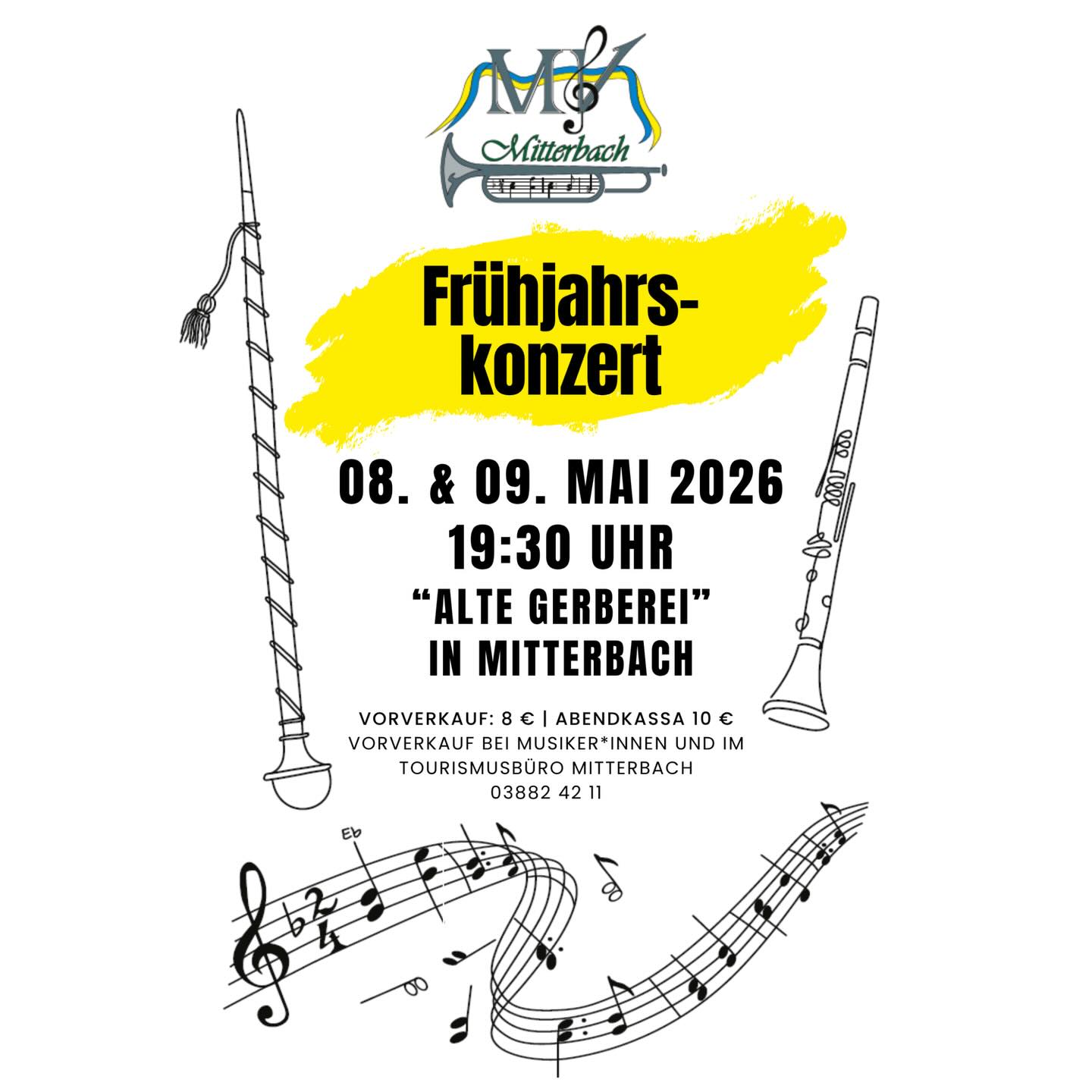 🌷 FRÜHJAHRSKONZERT 2026 – WIR LADEN EIN! 🌷
•
•
•
Es ist wieder soweit! Am 𝟎𝟖. 𝐌𝐚𝐢 und 𝟎𝟗. 𝐌𝐚𝐢 𝟐𝟎𝟐𝟔, dürfen wir euch zu unserem traditionellen 𝐅𝐫𝐮̈𝐡𝐣𝐚𝐡𝐫𝐬𝐤𝐨𝐧𝐳𝐞𝐫𝐭 begrüßen!🤩

Einlass ist jeweils ab 19:00 Uhr, um 19:30 Uhr starten wir mit unserem abwechslungsreichen Konzertprogramm. 
Freut euch auf einen musikalischen Abend voller Vielfalt! 🎶🎺

🎫 | Kartenvorverkauf:
Ab 𝟐𝟒. 𝐀𝐩𝐫𝐢𝐥 𝟐𝟎𝟐𝟔 im Tourismusbüro Mitterbach (03882 4211) sowie bei allen Musikerinnen und Musikern.

💸 | Vorverkauf: 8 €
💸 | Abendkasse: 10 €

📍 | „Alte Gerberei“ in Mitterbach

Kommt vorbei und genießt einen besonderen Konzertabend mit uns – wir freuen uns auf euch! 🤗

#mvmitterbach #musikvereinmitterbach #mitterbach #frühjahrskonzert #vereinsleben